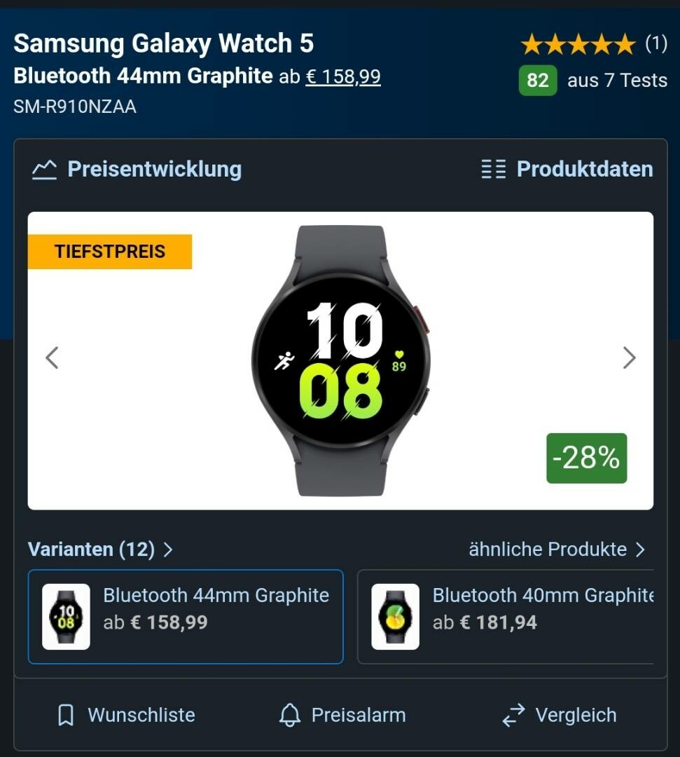 Bildschirmfoto einer Samsung Galaxy Watch 5 auf geizhals.de