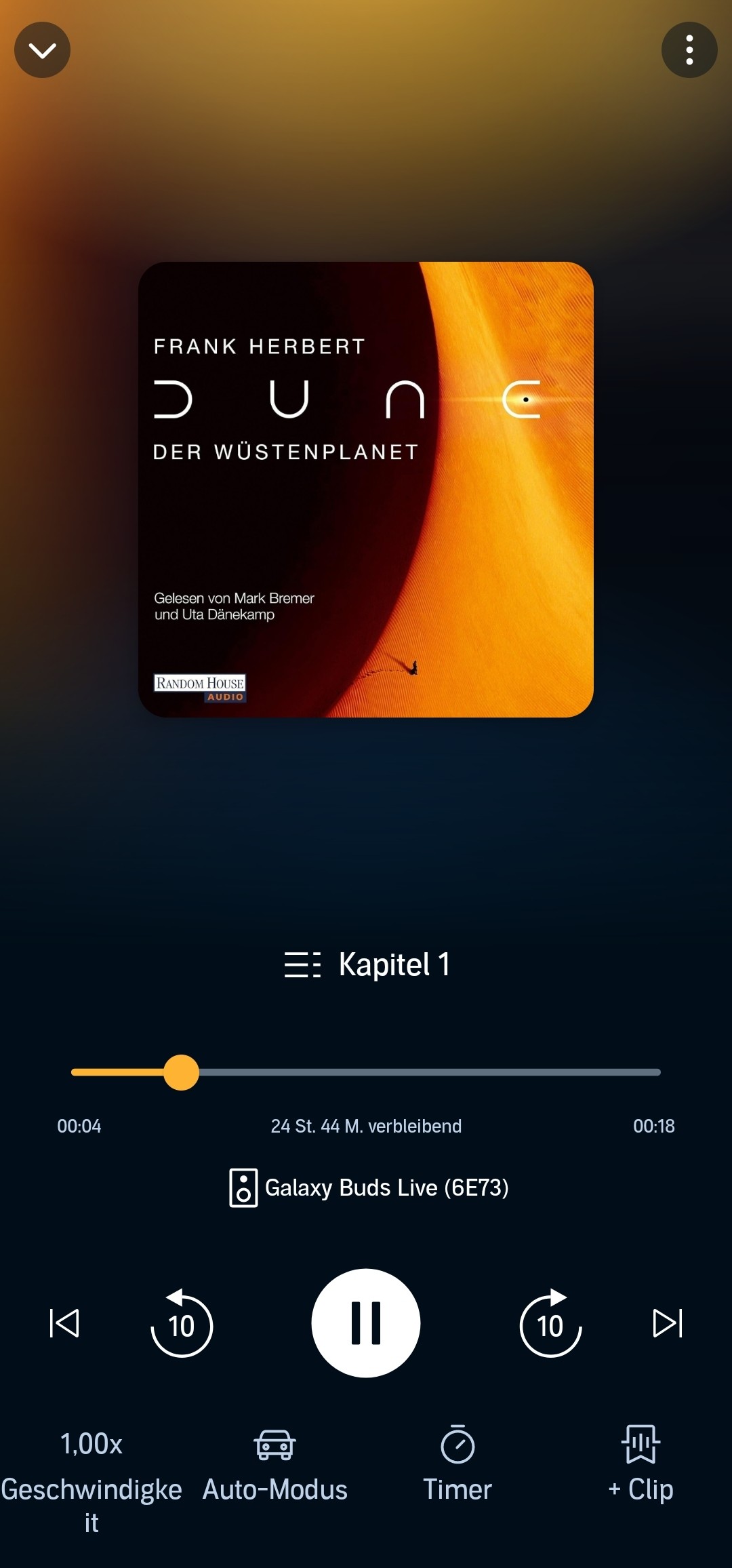 Bildschirmfoto vom Hörbuch namens DUNE - DER WÜSTENPLANET aus Audible auf dem Smartphone.