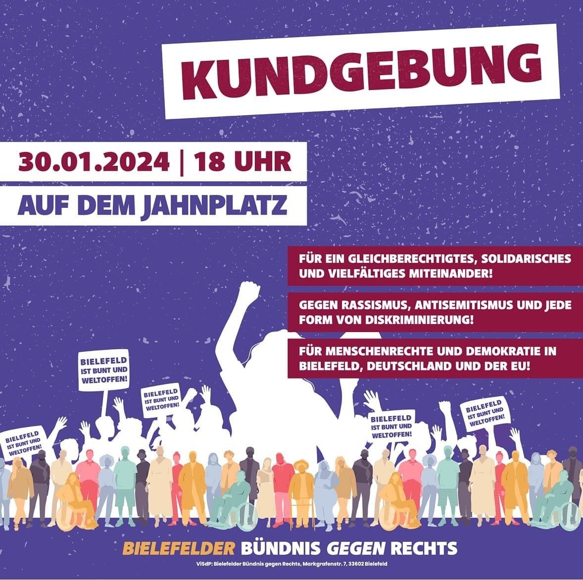 Plakat mit Informationen zu einer Kundgebung gegen Rechts in Bielefeld am 30.01.2024 von Bielefelder Bündnis gegen Rechts